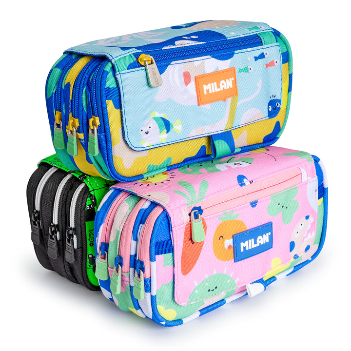 Milan Green Grow - Estuche Portatodo Triple con Cuatro Cremalleras para Material Escolar