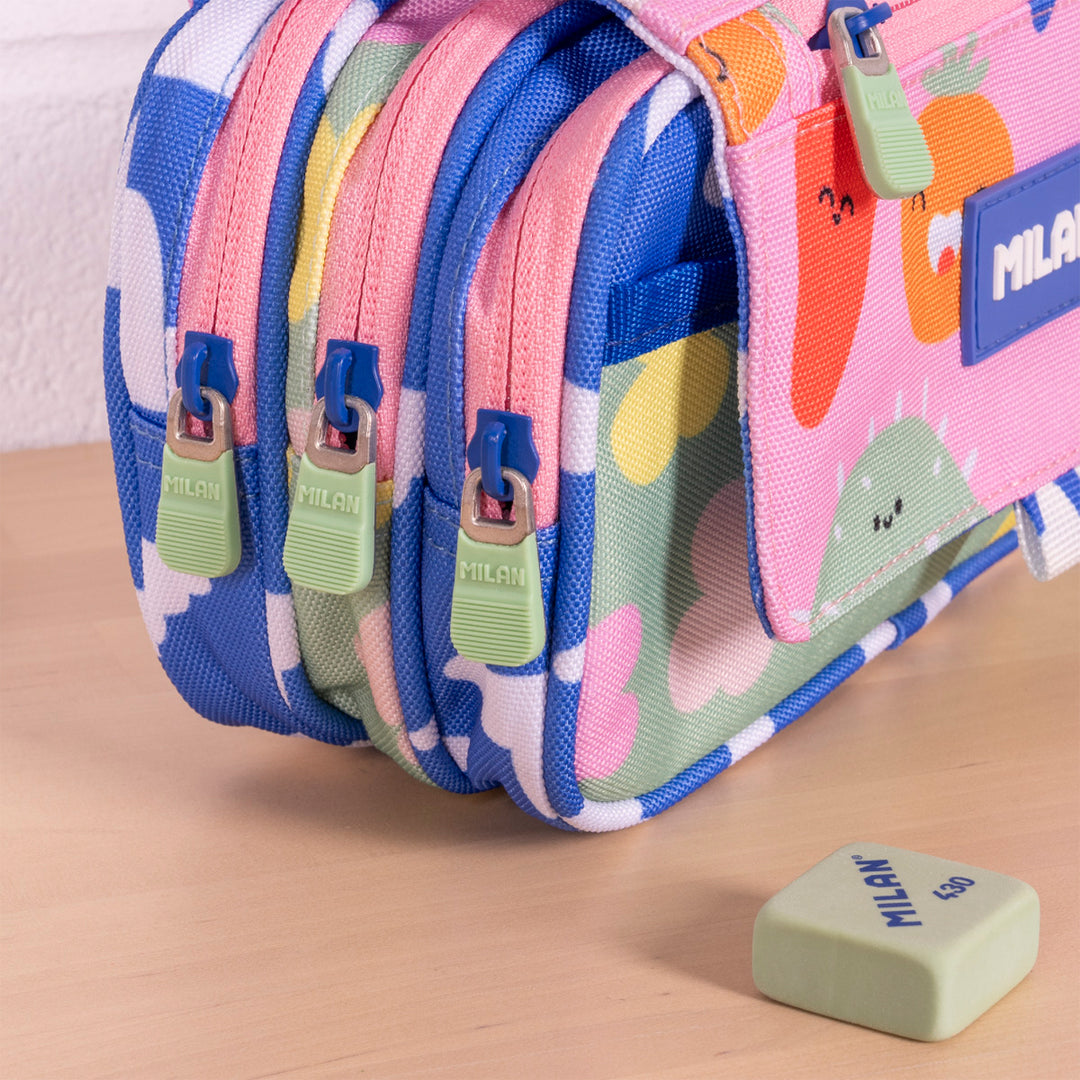 ColePack ECO Milan - Estuche Triple de 3 Cremalleras y Material Escolar Incluido. Green Grow