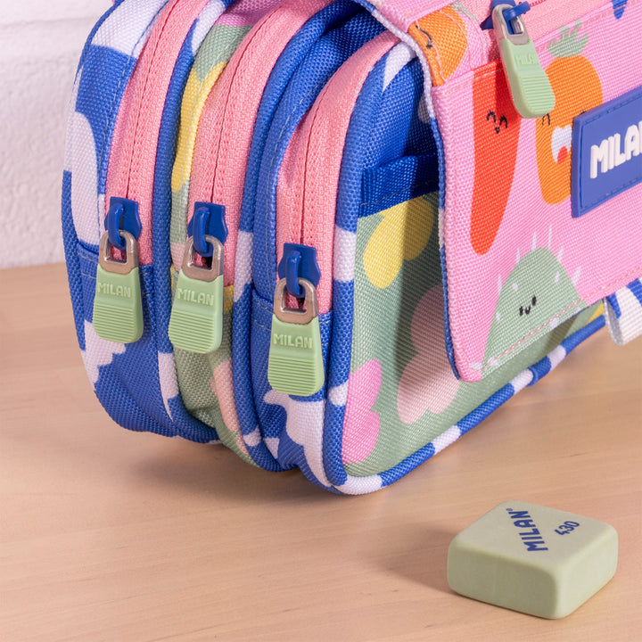 ColePack PRO Milan - Estuche Triple de 3 Cremalleras y Material Escolar Incluido. Green Grow