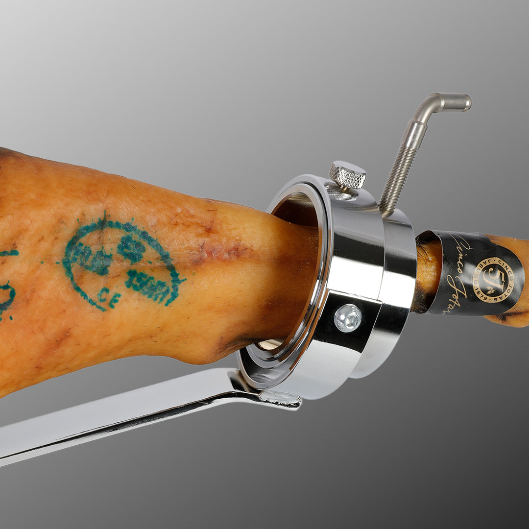 BELLO Aneto - Soporte Jamonero Basculante en DM Negro y Acero Inoxidable con Cubrejamón