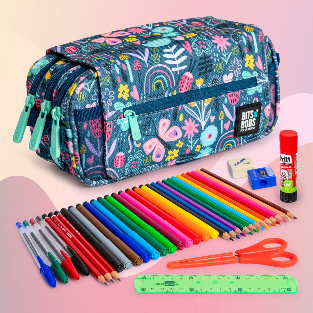 Grafoplás Design - Estuche Portatodo Triple con Solapa para Material Escolar. Botanic