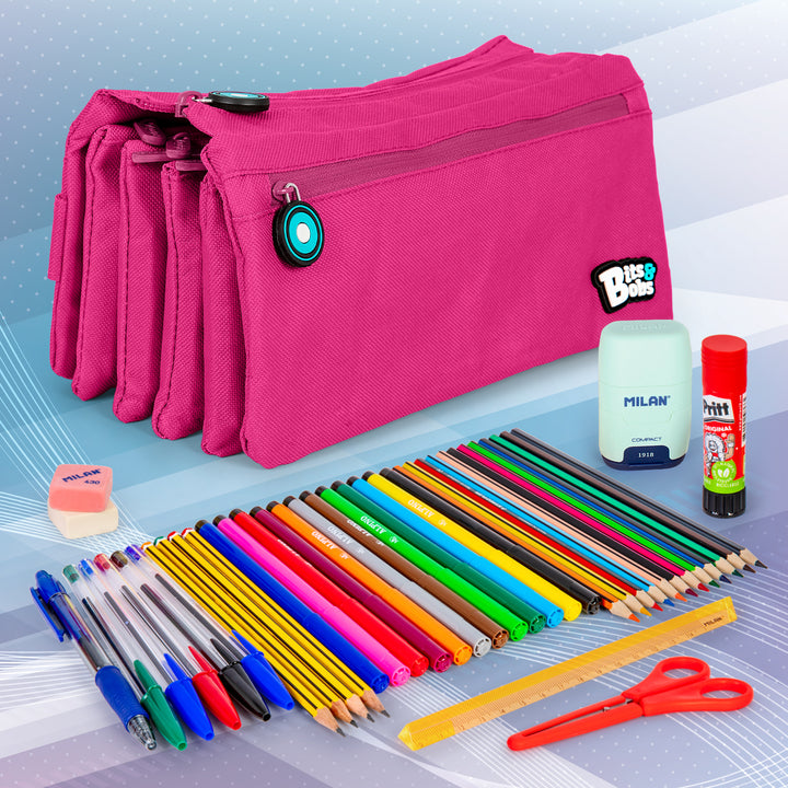 Grafoplás - Estuche Portatodo Cuádruple de Alta Capacidad para Material Escolar. Magenta