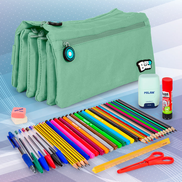 ColePack BitsBobs - Estuche Escolar Cuádruple de 4 Cremalleras y Material Incluido. Mint Soft