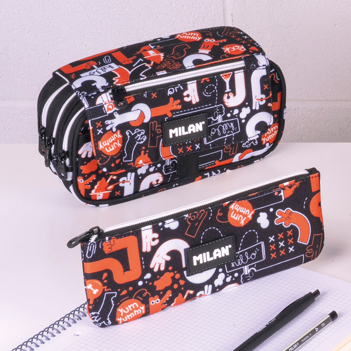 ColePack ECO Milan - Estuche Triple de 3 Cremalleras y Material Escolar Incluido. Fingers