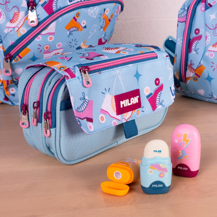 ColePack ECO Milan - Estuche Triple de 3 Cremalleras y Material Escolar Incluido. Roller