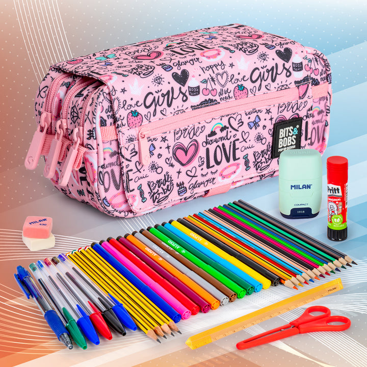 ColePack Design - Estuche Triple de 3 Cremalleras con Material Escolar Incluido. Sweet