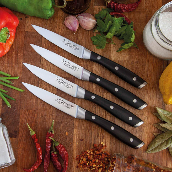 3 Claveles - Set de 4 Cuchillos Chuleteros Profesionales 11.5 cm Acero Inoxidable Mango ABS