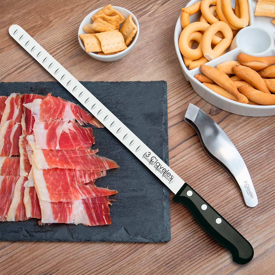 3 Claveles 01744 - Soporte Jamonero Basculante Bambú y Kit de Corte Profesional Uniblock