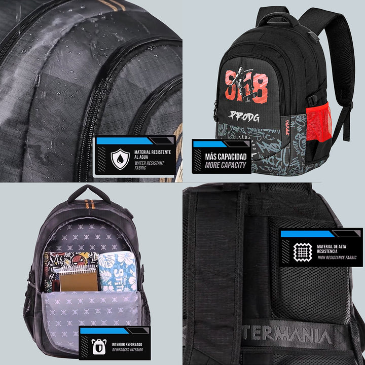 PRODG SK8 - Mochila Escolar Impermeable Running Plus para Portatil y USB. Negro