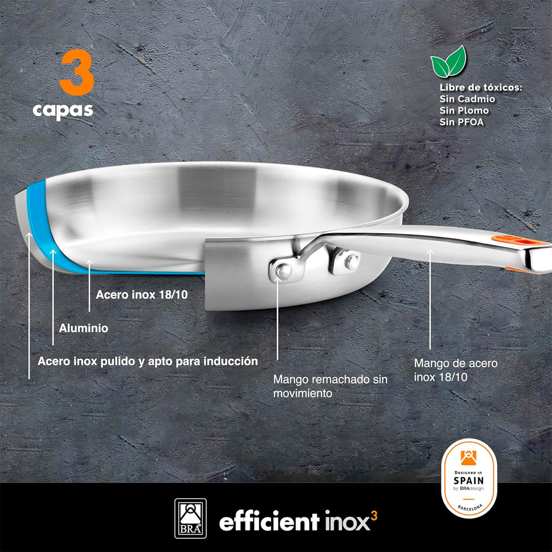 BRA EFFICIENT INOX - Sartén 26 cm en Acero Inoxidable con Triple Capa. Apta Inducción