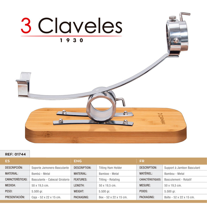 3 Claveles Kit Premium Soporte Jamonero Basculante y Cabezal Giratorio, Cuchillos y Pinzas