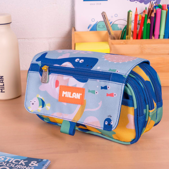 Milan Blue Odyssey - Estuche Portatodo Triple con Cuatro Cremalleras para Material Escolar