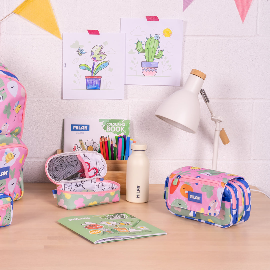 Milan Green Grow - Estuche Portatodo Triple con Cuatro Cremalleras para Material Escolar