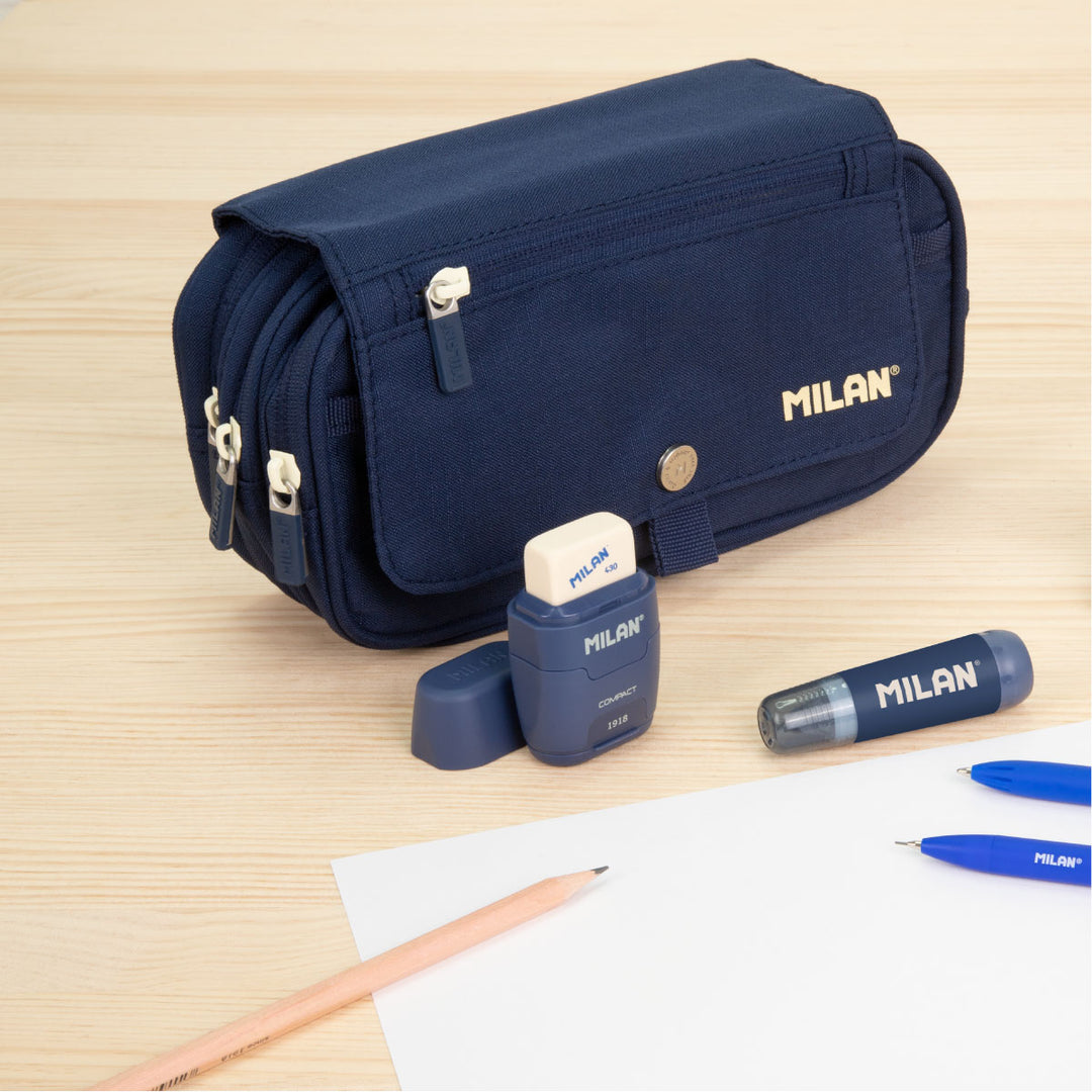 Milan 1918 - Estuche Portatodo Triple con Cuatro Cremalleras para Material Escolar. Azul