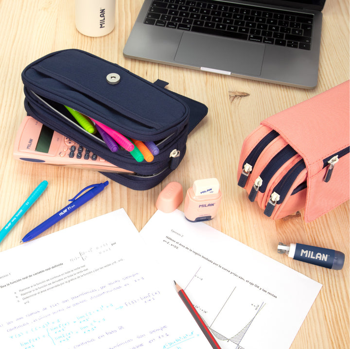 Milan 1918 - Estuche Portatodo Triple con Cuatro Cremalleras para Material Escolar. Azul