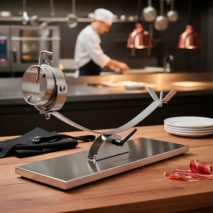 3 Claveles 01743 - Soporte Jamonero Basculante en Acero y Kit de Corte Profesional Uniblock