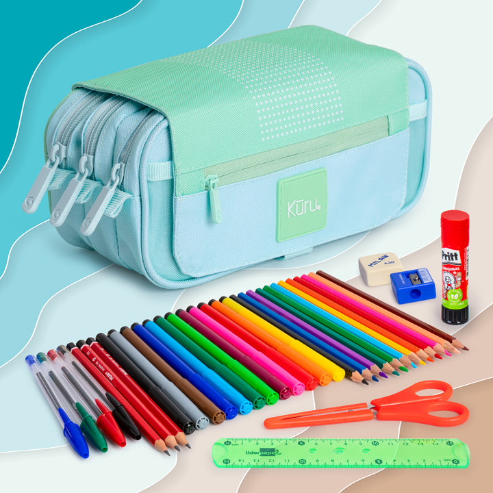 Grafoplás Kuru24 - Estuche Portatodo Triple con Solapa para Material Escolar. Verde