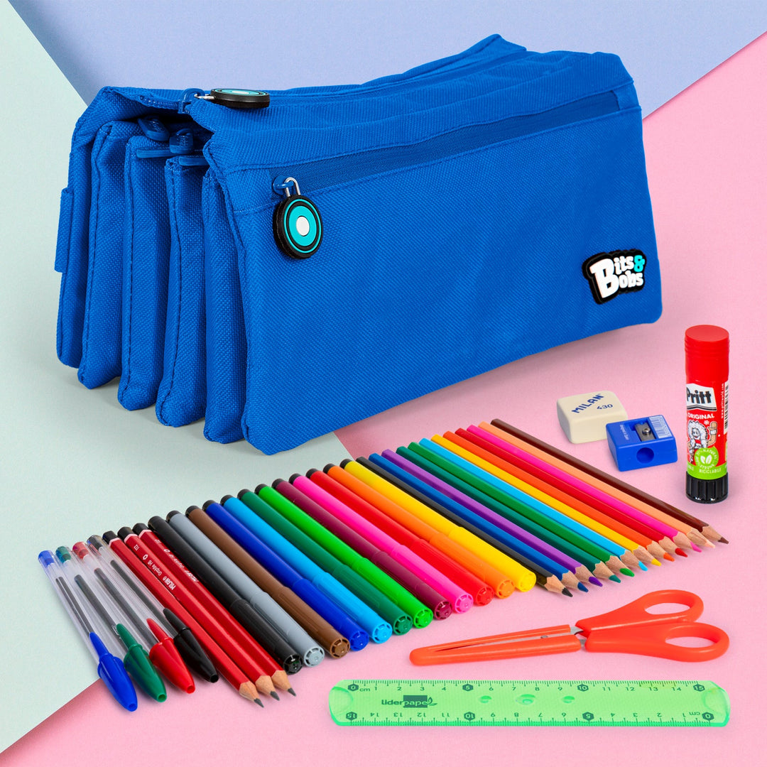 ColePack Eco36 - Estuche Cuadruple de 4 Cremalleras con Material Escolar Incluido. Azul