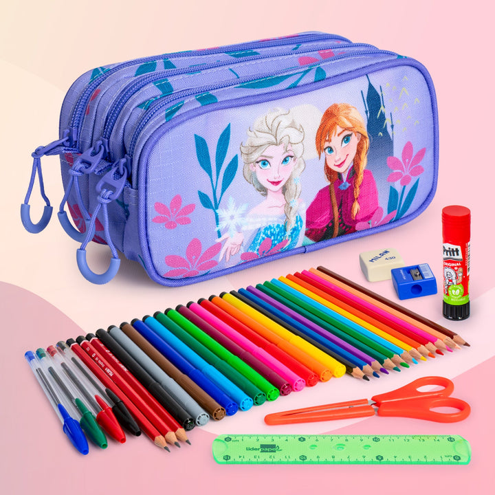 DISNEY Frozen 2 Dear - Estuche Escolar Triple Portatodo Tres Cremalleras TRICK FAN Lila