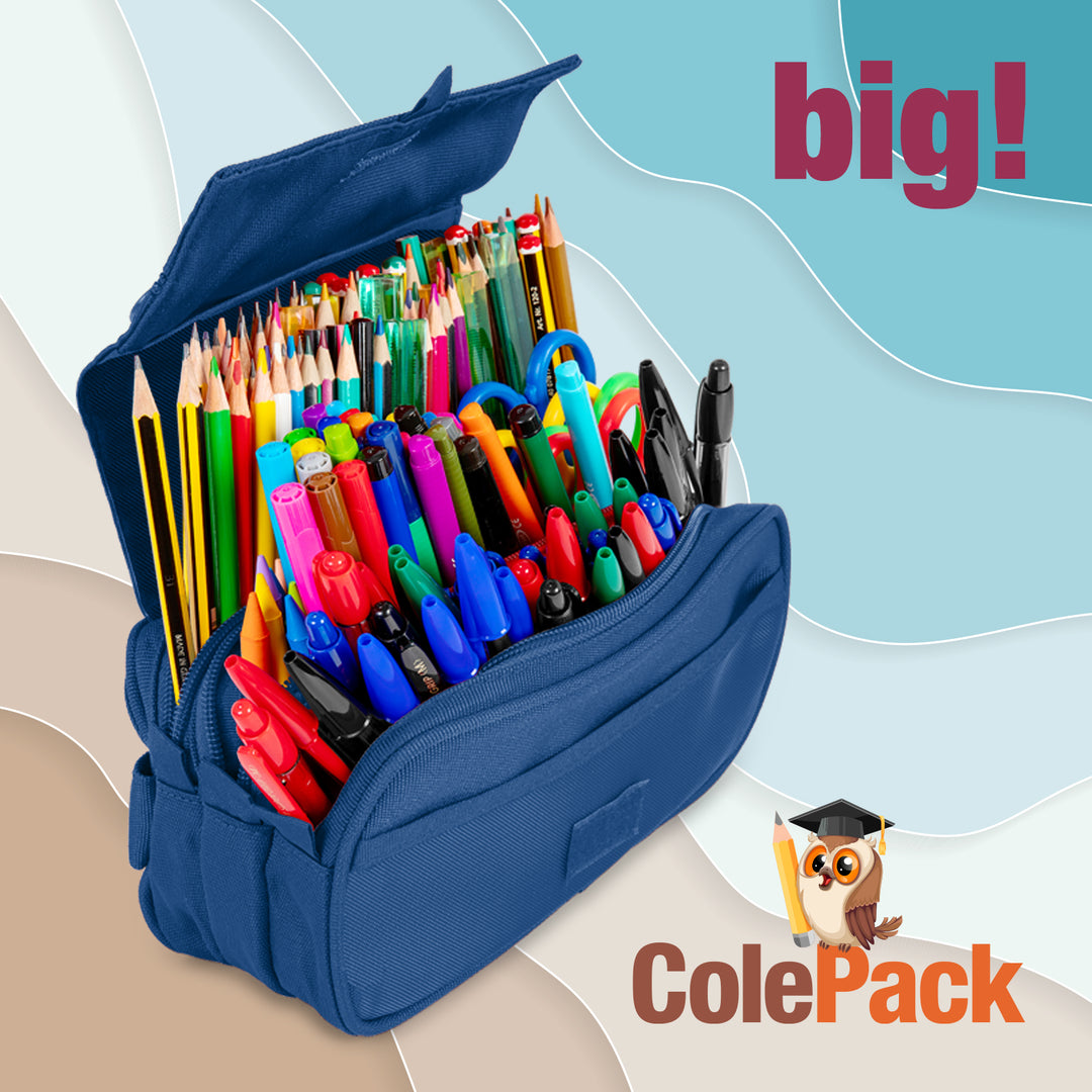 ColePack Eco - Estuche Triple de 3 Cremalleras con Material Escolar Incluido. Azul Marino