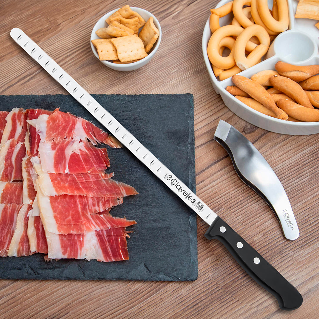 3 Claveles POM - Cuchillo Jamonero Alveolado Profesional Estrecho 29 cm Acero Inoxidable