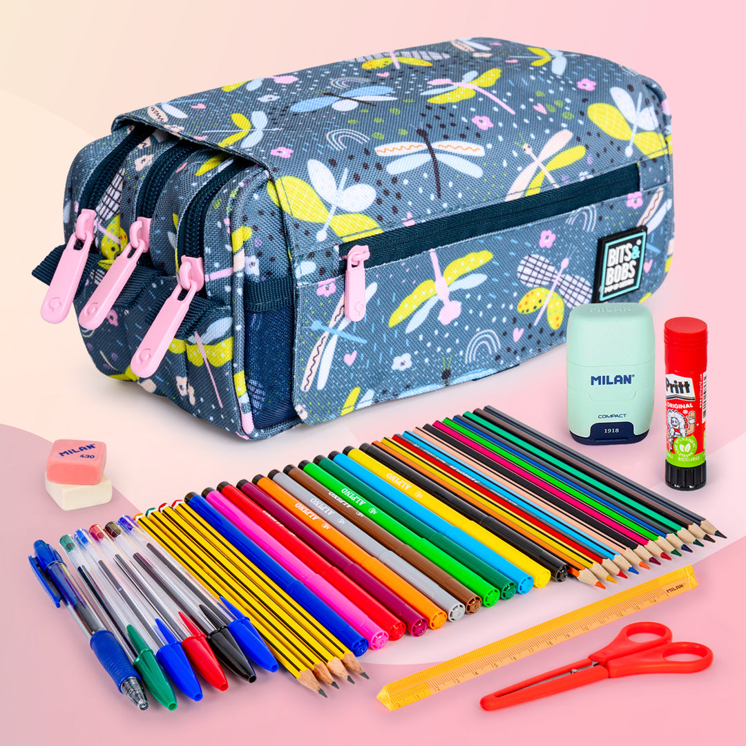 Grafoplás Design - Estuche Portatodo Triple con Solapa para Material Escolar. Dragon Fly