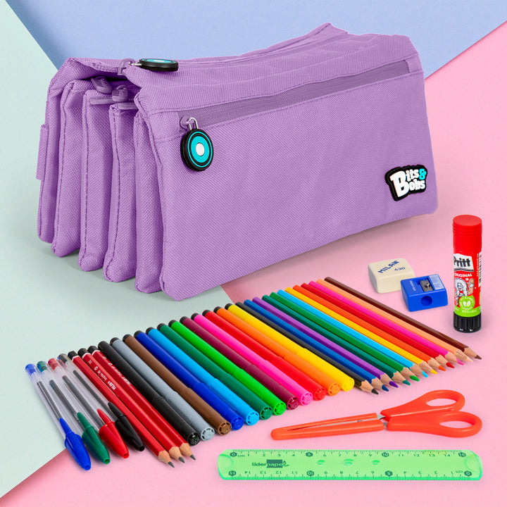 ColePack Eco36 - Estuche Cuadruple de 4 Cremalleras con Material Escolar Incluido. Lavanda