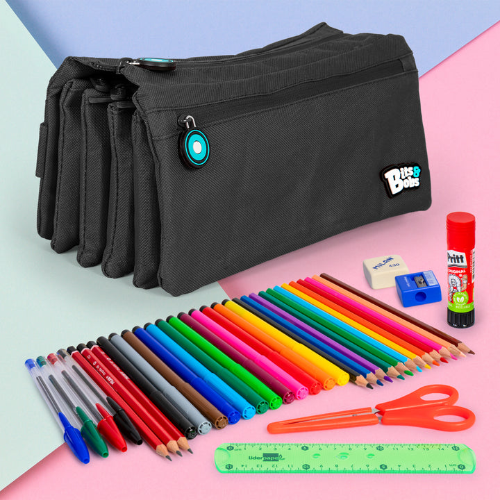 ColePack Eco36 - Estuche Cuadruple de 4 Cremalleras con Material Escolar Incluido. Negro