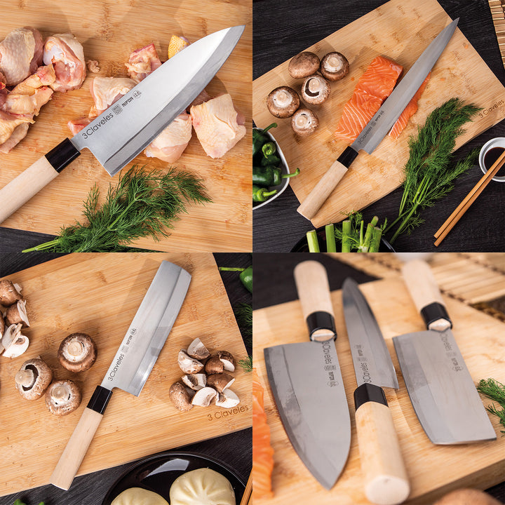 3 Claveles NIPON - Kit Cuchillos Grandes Tipo Japonés Acero Inoxidable y Mango de Arce