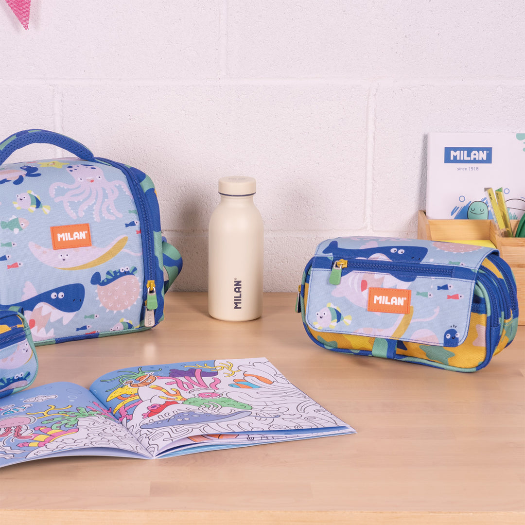 Milan Blue Odyssey - Estuche Portatodo Triple con Cuatro Cremalleras para Material Escolar