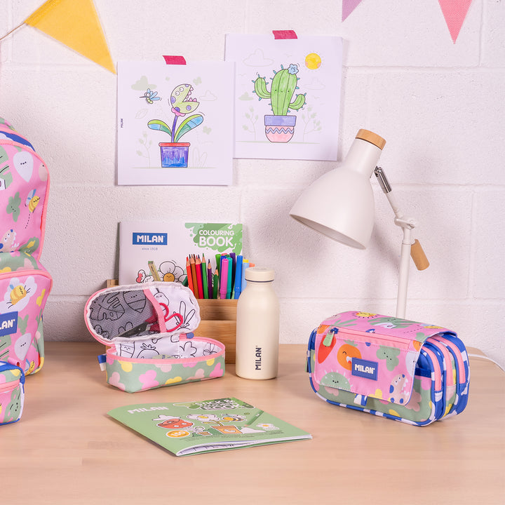 ColePack ECO Milan - Estuche Triple de 3 Cremalleras y Material Escolar Incluido. Green Grow