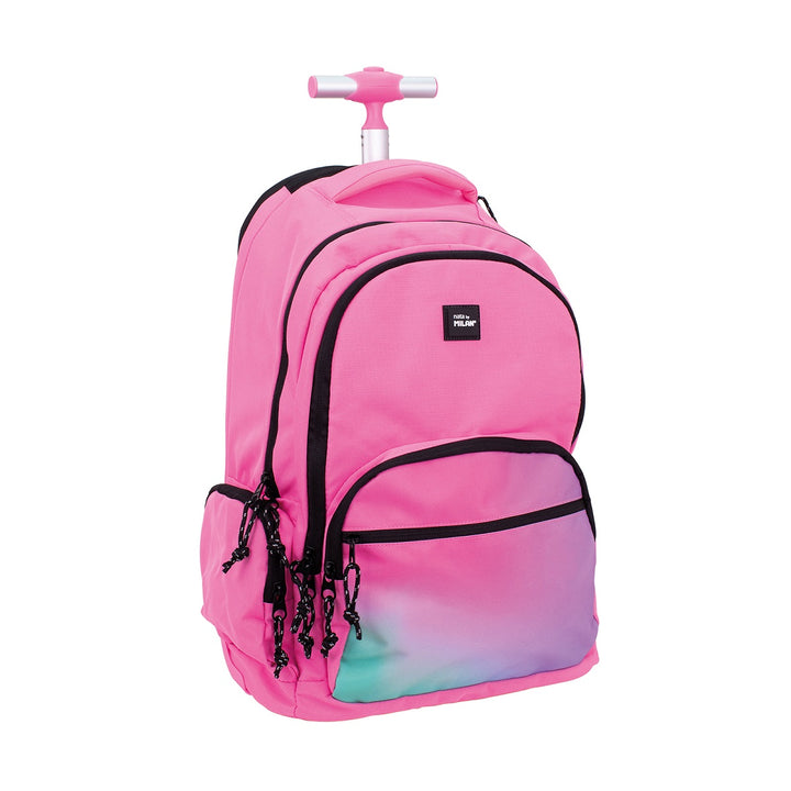 MILAN - Mochila Escolar con Ruedas y 6 Cremalleras, Acolchada y para Portatil. Sunset Rosa