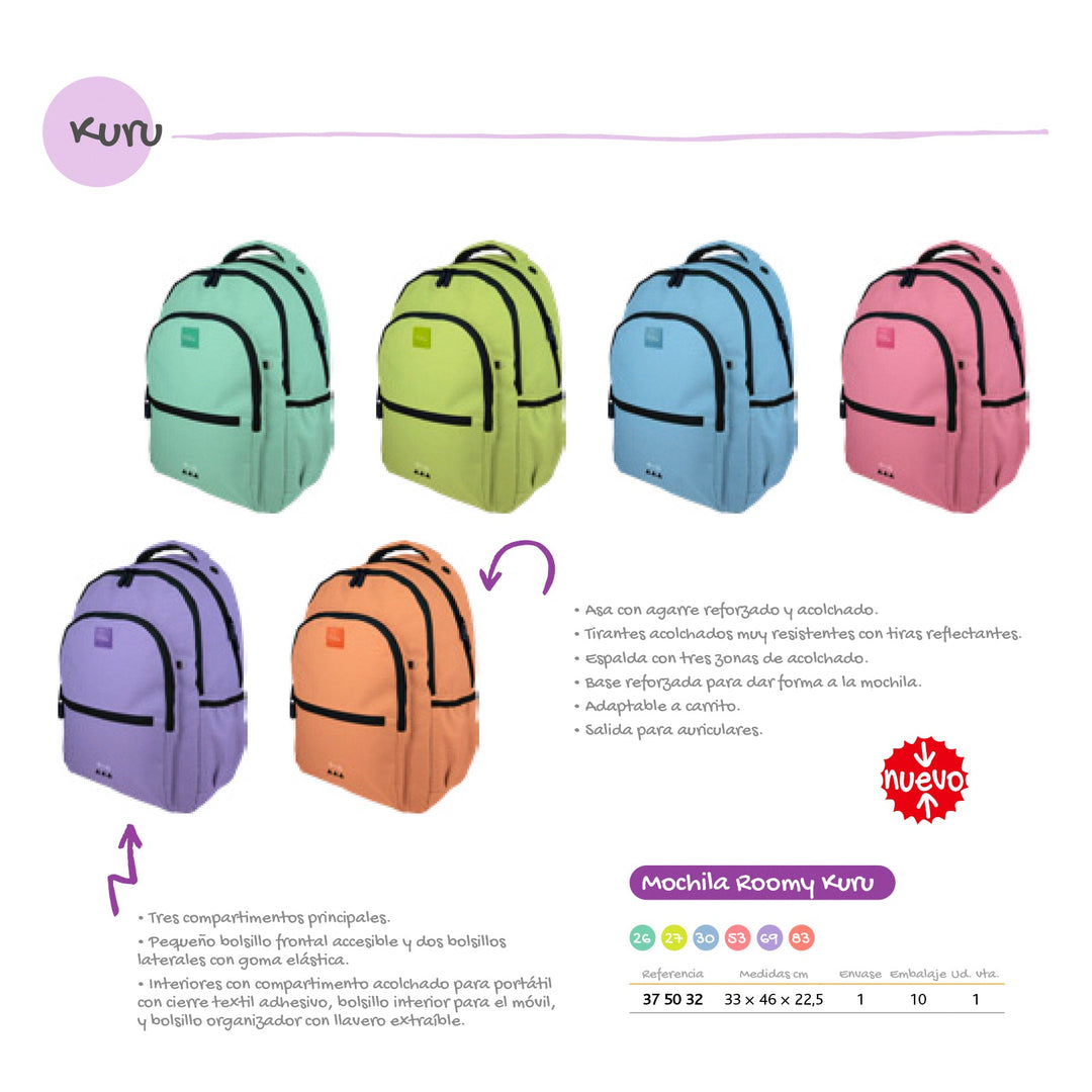 Grafoplás Kūru -  Mochila Escolar 3 Cremalleras con Divisor para Portátil. Adaptable Carrito. Melocotón