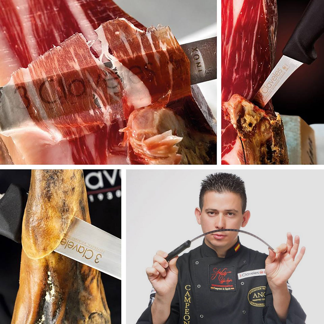 3 Claveles POM - Kit Profesional de Cuchillo Jamonero con Deshuesador y Pinzas