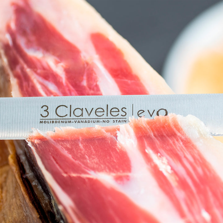 3 Claveles - Kit Soporte Jamonero Plegable en Acero Inoxidable con Cuchillos y Chaira