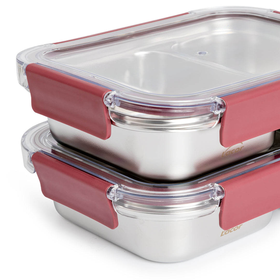 LACOR TwoGo - Recipiente Rectangular de 0.45L + 0.28L en Acero Inoxidable Apto Microondas