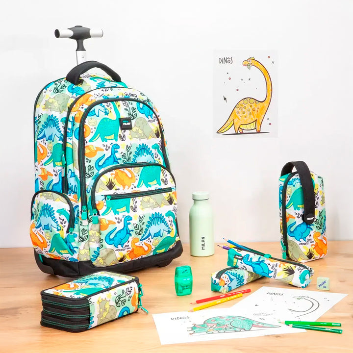 MILAN - Mochila Escolar con Ruedas y 6 Cremalleras, Acolchada y para Portatil. Serie Dinos
