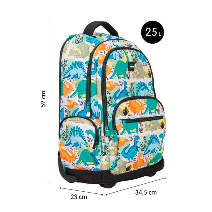 MILAN - Mochila Escolar con Ruedas y 6 Cremalleras, Acolchada y para Portatil. Serie Dinos