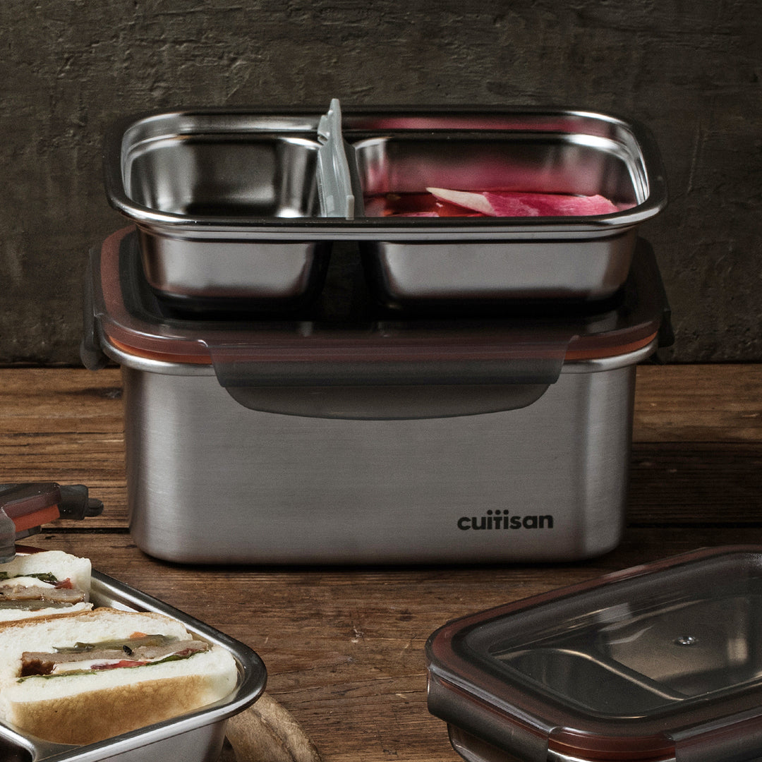 Cuitisan To Go - Recipiente Rectangular de 1L con 2 Compartimentos en Acero Apto Microondas