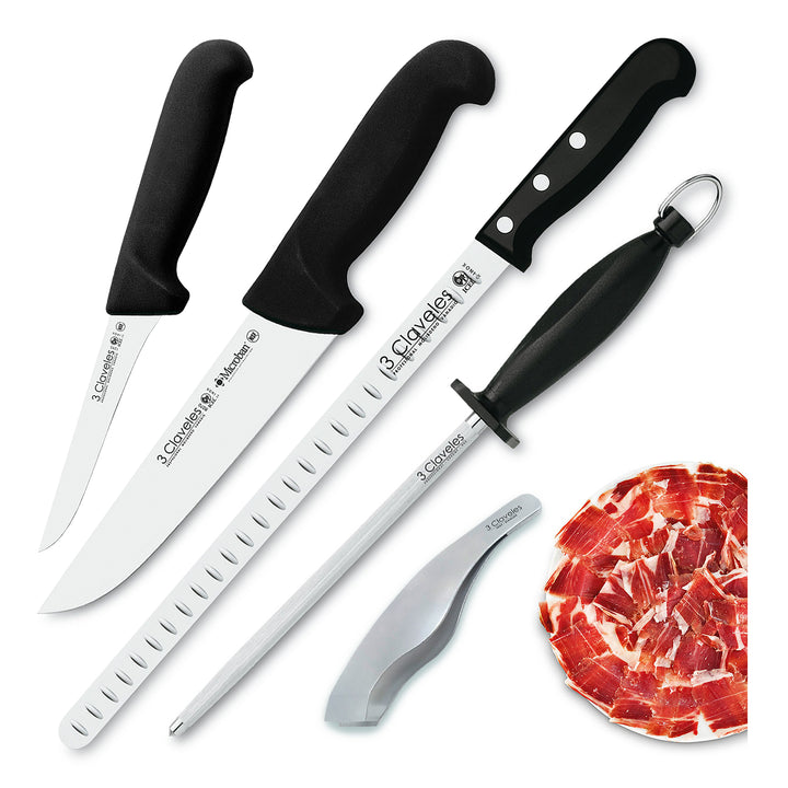 3 Claveles Gourmet - Kit Profesional de Cuchillo Jamonero Deshuesadores Chaira y Pinzas