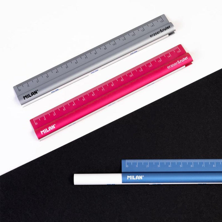 MILAN 352910 - Eraser & Ruler, Combinación de Goma y Regla de Metal de 15 cm