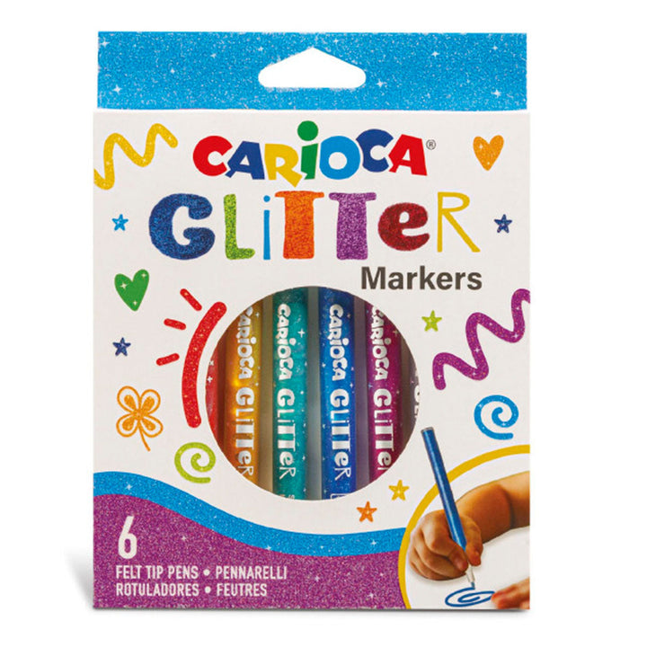 CARIOCA Glitter - Caja de 6 Rotuladores con Purpurina, Tinta Líquida al Agua