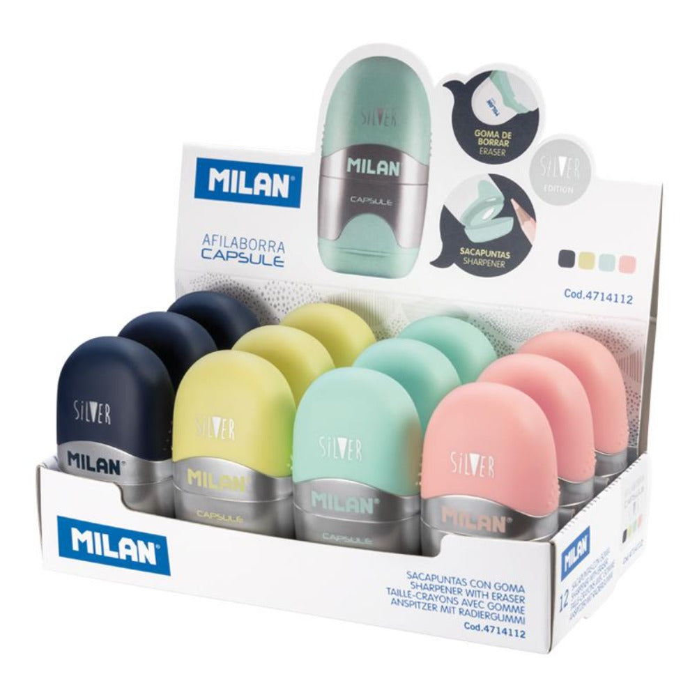MILAN 4714112 - Afilaborra, Combinación de Goma y Sacapuntas. CAPSULE Silver