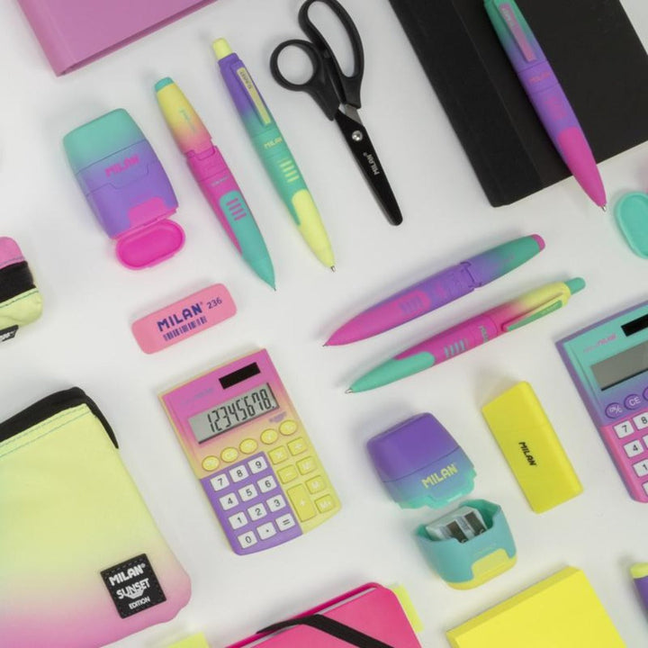 MILAN Sunset - Caja Expositora Afilaborra Compact. Combinación de Goma y Sacapuntas Doble. Colores Surtidos