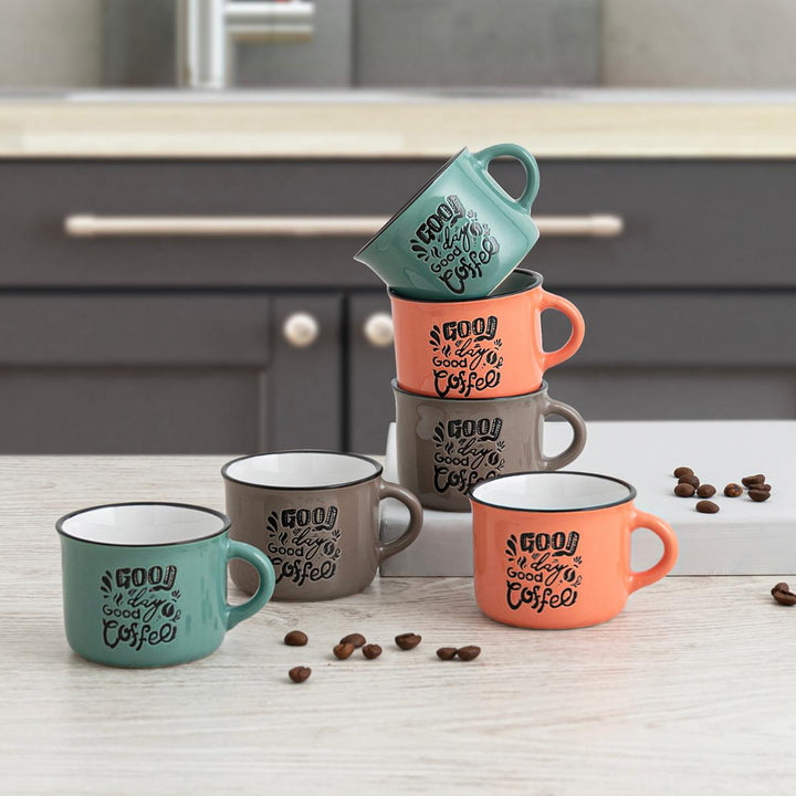 QUID Frappe Deco - Juego de 6 Tazas de Café de 8 cl en Gres Ceramico de 3 Colores