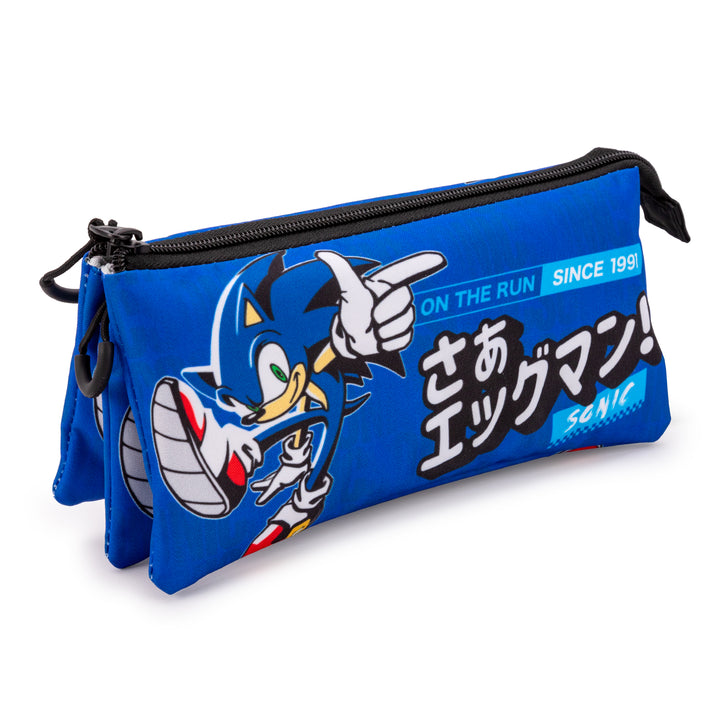 SONIC On The Run - Estuche Escolar Triple Portatodo con 2 Cremalleras. Azul