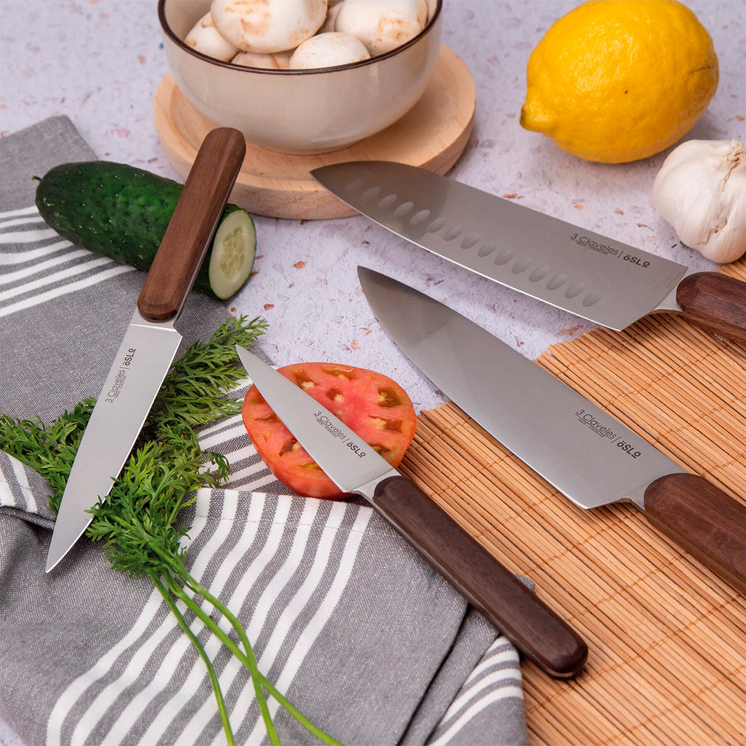 3 Claveles Oslo - Cuchillo Verduras 9 cm Acero Estampado y Mango Madera de Nogal