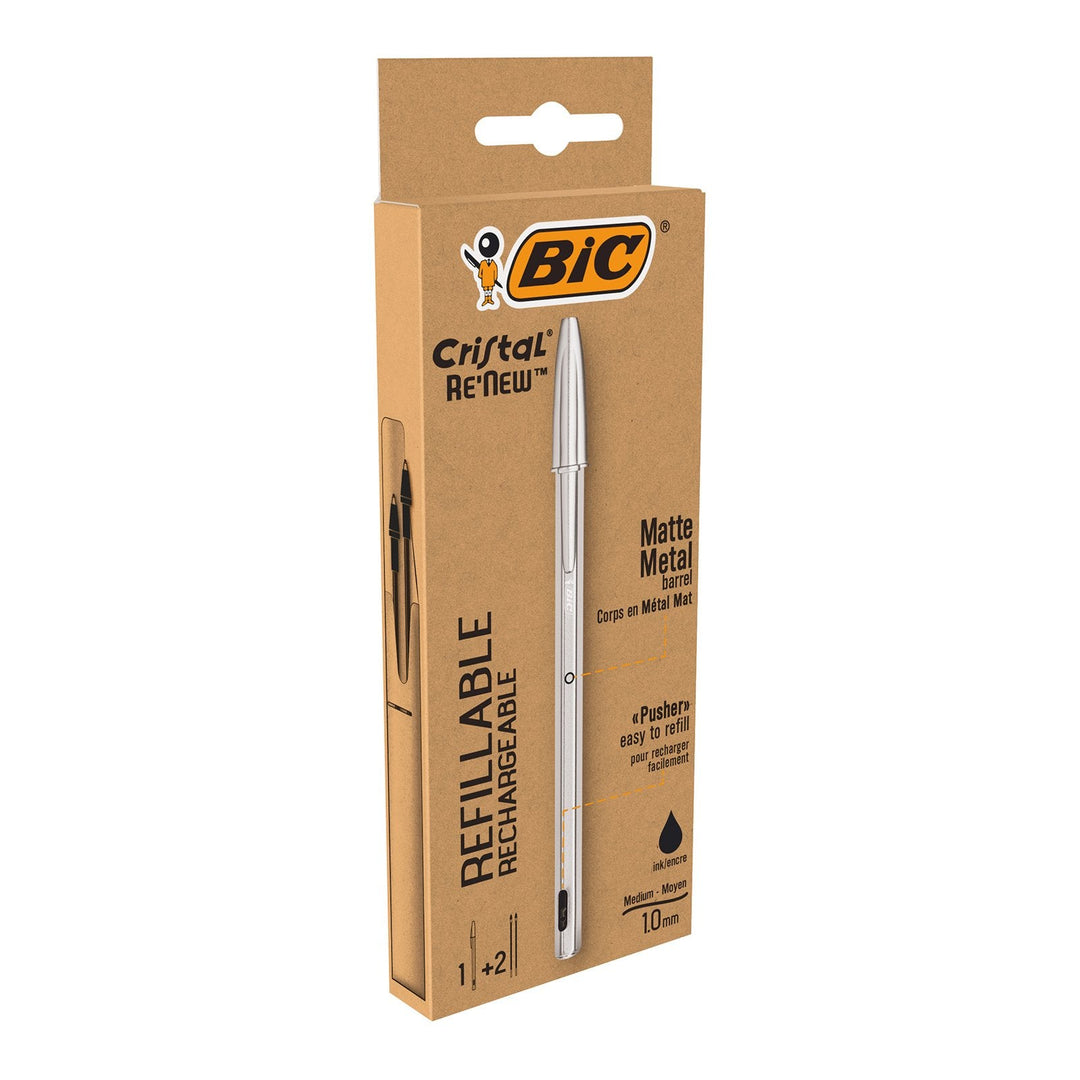 BIC 997201 - Bolígrafo Cristal RE'NEW de Tinta Negra con 2 Recambios, Metálico