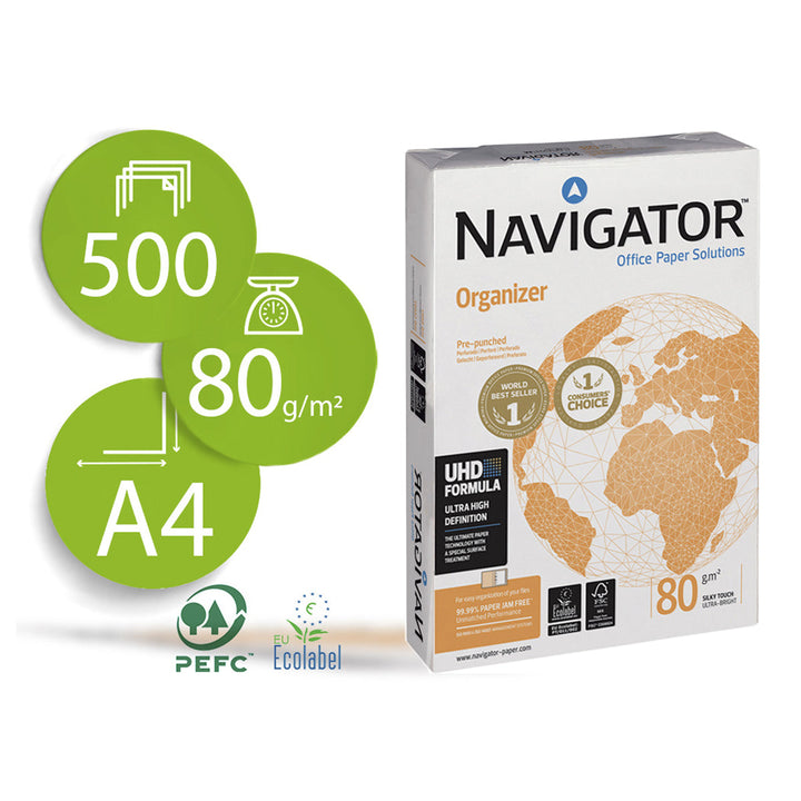 NAVIGATOR NAV-80-A4 - Papel 4 Taladros, Ink-Jet y Laser DIN A4 80g 500 Hojas