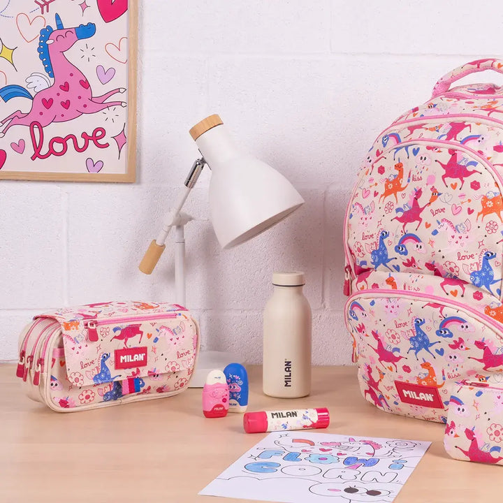 Milan Flowicorn - Estuche Portatodo Triple con Cuatro Cremalleras para Material Escolar